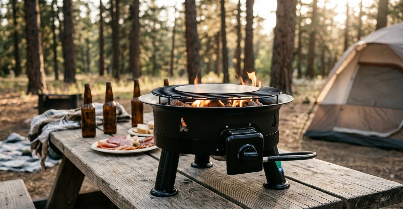 Camping scene with a fire pit on a wooden table, surrounded by trees and a tent.